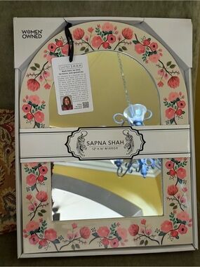 Sapna Shah Floral Pink, Coral & Cream Flowered Arched Accent Mirror 12”x16”